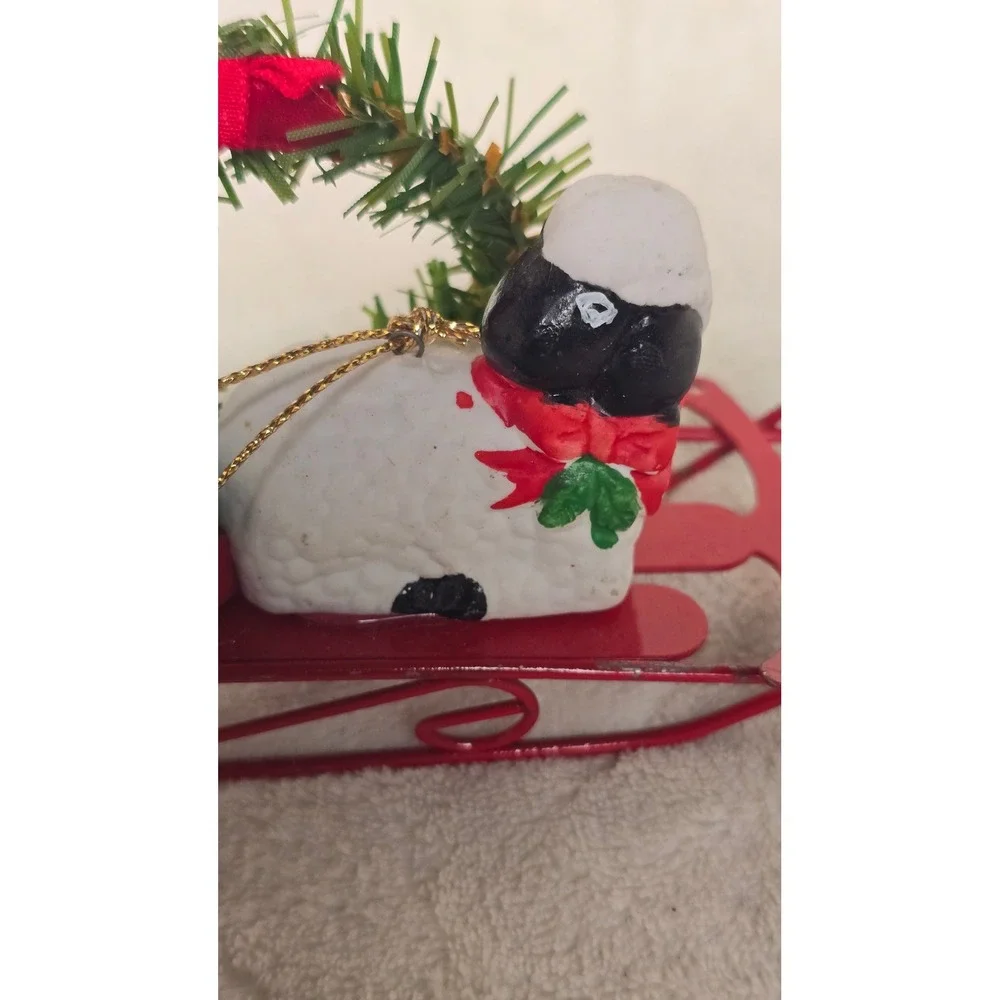 Vintage Style Sheep on Red Metal Sled Christmas Ornament Wreath & Gifts Accent
